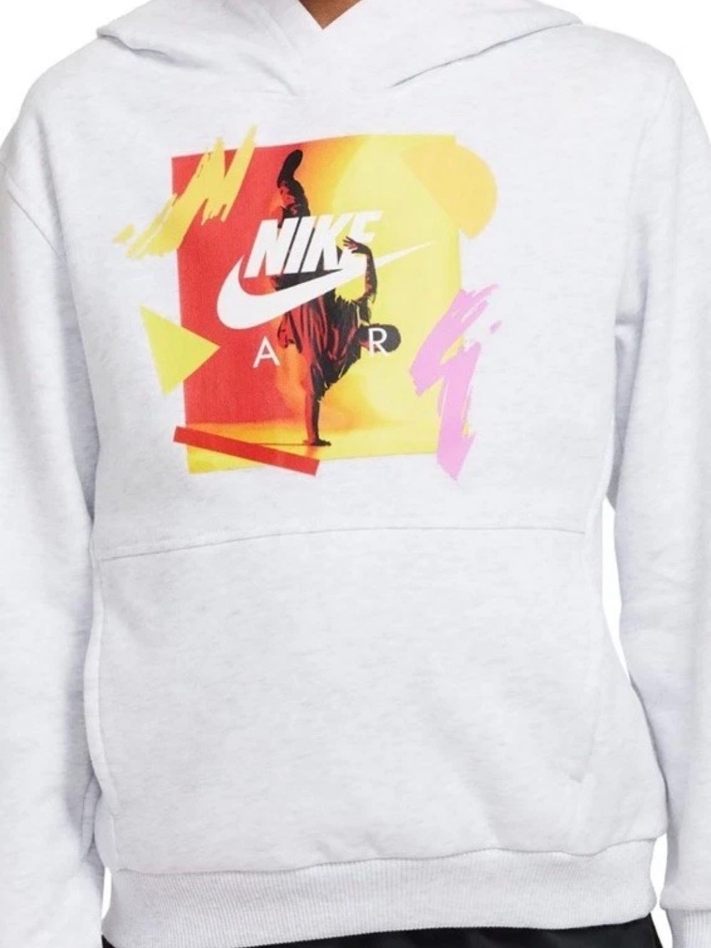 Nike Air Youth Light Gray Hoodie with Yellow, Red & Purple Graphic -